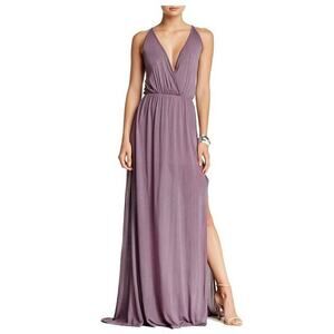 Go Couture Women Faux Wrap Plaid V-Neck Maxi Dress Mauve Size M